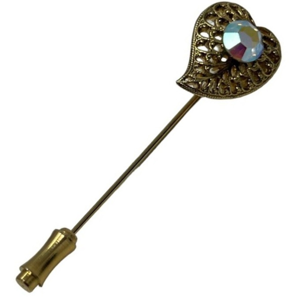 Vintage Heart Stick Pin Gold Tone AB Aurora Borealis Crystal‎ Lapel Hat Pin